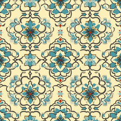 Vibrant bohemian style mandala pattern featuring intricate floral designs in blue and orange against soft beige background. This lively pattern adds touch of artistic flair to any space