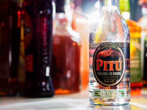 In this photo illustration,  Pitu Premium do Brasil Cachaca seen at the bar counter.