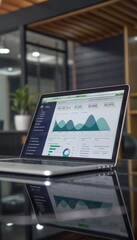 Corporate Presentation with Laptop Displaying Financial Data in Modern Office Setting