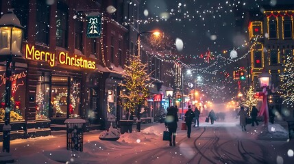 A snowy city street at night, with festive lights strung between buildings, people walking with...