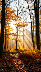 Fototapeta premium Fairy tale spring in autumn forest. Morning rays of light through the trees. Picturesque forest isolated with white highlights, png