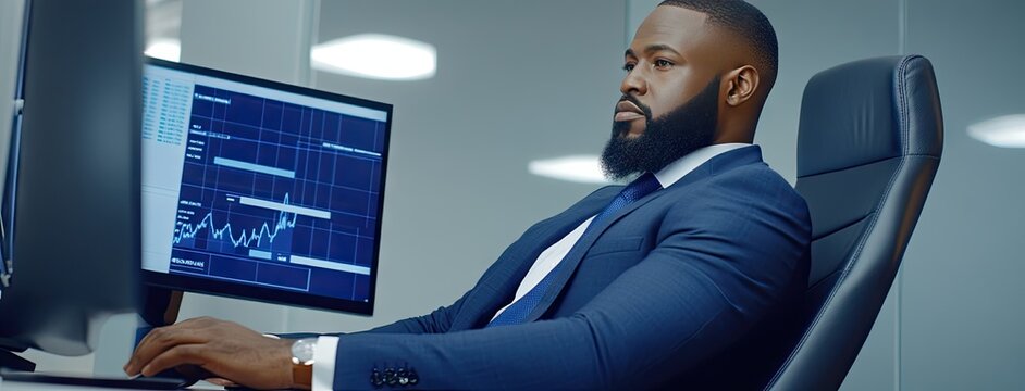 Focused African American manager analyzing financial data at his corporate office during the day