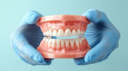 Two hands wearing blue medical gloves hold a dental model showing upper and lower teeth. Denture, Oral Health, Dentistry, Dental Hygiene, Prosthetics, Tooth Care, Generated AI