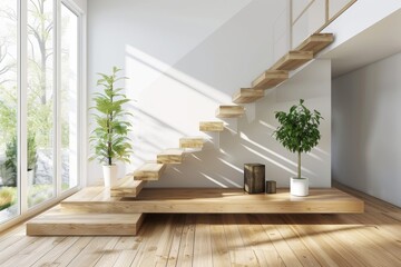 Farmhouse home interior design of modern living room with wooden staircase.