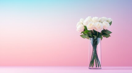 Obraz premium Elegant white roses in a glass vase on pastel background