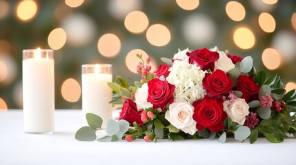 Elegant floral arrangement with candles and soft bokeh lights