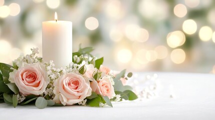 Elegant floral arrangement with candle and soft bokeh background