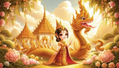 A whimsical cartoon-style depiction of a young Thai princess in a traditional golden and red outfit, adorned with intricate patterns. She stands gracefully beside a majestic, golden-scaled Naga serpen