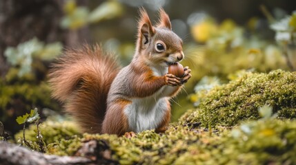 Obraz premium A squirrel holding an acorn on mossy ground in a forest setting.