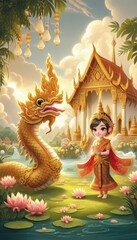 Fototapeta premium A whimsical cartoon-style depiction of a young Thai princess in a traditional golden and red outfit, adorned with intricate patterns. She stands gracefully beside a majestic, golden-scaled Naga serpen