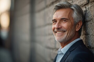 Fototapeta premium Smiling mature businessman leaning on wall 