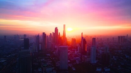 Fototapeta premium Stunning Urban Sunset Over Modern City Skyline