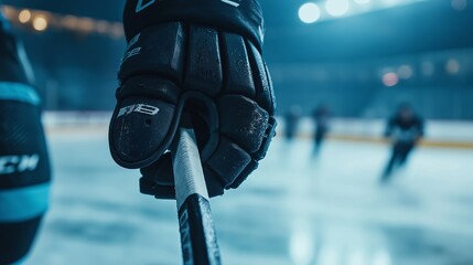Closeup of a black hockey glove gripping a hockey stick on the ice rink during an intense game with player in background.