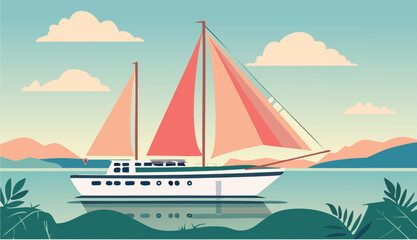 Fototapeta premium Vintage retro poster sailboat vacation ad, pastel soft shadows