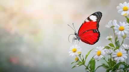 Naklejka premium A bright red butterfly in flight, with detailed, high-res wing textures and vibrant shades of red.