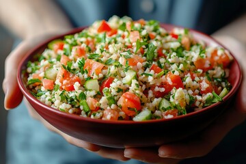 Close-up of a Red Bowl Filled with Tabbouleh Salad, Held by Hands