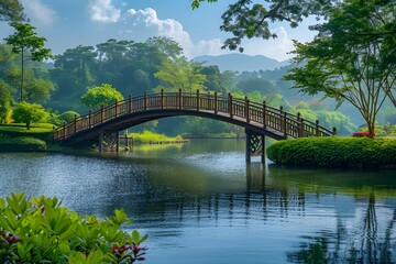 Fototapeta premium Serene Landscape with a Wooden Bridge Over Tranquil Waters