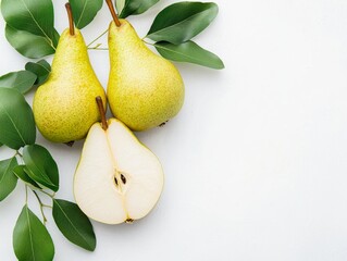 Fresh Green Pears Trio - Close-up Macro View with Vibrant Leaves on White Background Natural Beauty and Simplicity for Food and Lifestyle Concepts