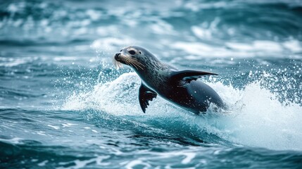Obraz premium Graceful Seal Leaping From the Ocean Waves in Mid-Air, Showcasing Power, Agility, and the Beauty of Natures Creatures