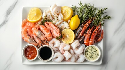 A Stunningly Prepared Fresh Seafood Platter with Shrimp, Crab Legs, Oysters, Lemon, and Delicious Dipping Sauces