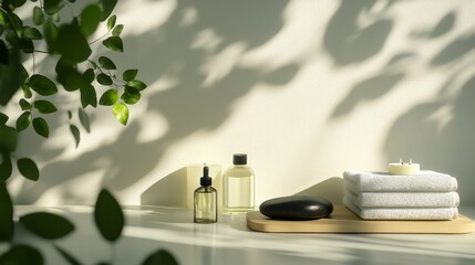 Spa products on wooden tray with white towels and candles against a white wall with green leaves and shadows.