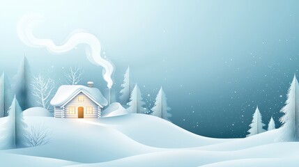 Naklejka premium A cozy, snow-covered log cabin tucked away in a quiet forest, with lights glowing from the windows and smoke trailing from the chimney into the winter sky.
