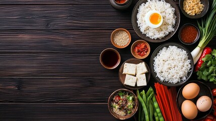 Asian Flavors Artful Ingredients Spread on Dark Wooden Surface - Culinary Harmony of Tofu, Chilies, and Fresh Herbs for Vibrant Recipes and Food Blogs