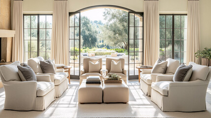 Open-plan living room with neutral-toned furniture, soft textures, and sunlight streaming in through large glass doors