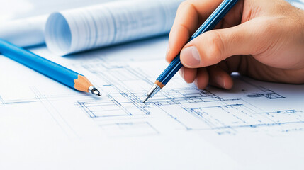 
Architectural blueprint of a wind turbine on drafting paper, engineers reviewing the hand-drawn model and design structure, technical elements visible