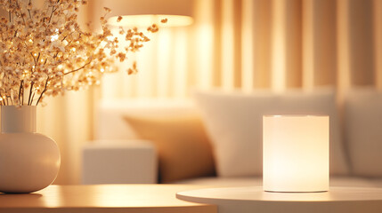 
An elegant lamp on a coffee table in a quiet living room, warm light reflecting off soft furnishings, peaceful evening vibe