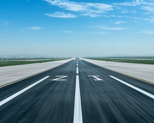 Fototapeta premium Symmetrical Airport Runway Leading to Horizon, Urban Skyline View, Aviation Concept