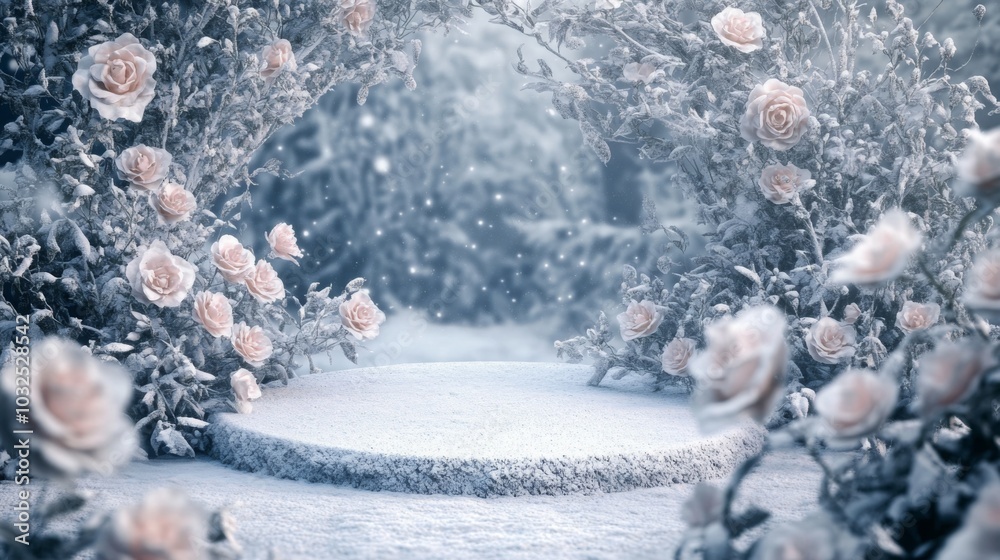 Poster the image shows a snowy landscape with a circular platform in the center. the platform is covered in