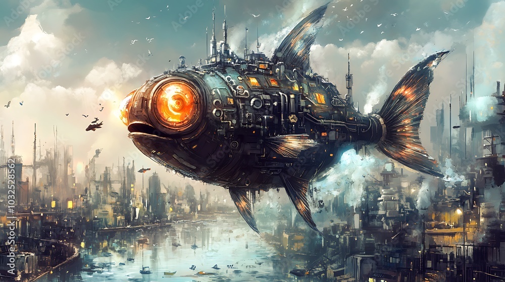 Canvas Prints Futuristic Fish-Shaped Airship Flying Over a Cityscape.