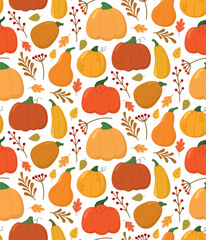Seamless background with pumpkins, leaves and branches.