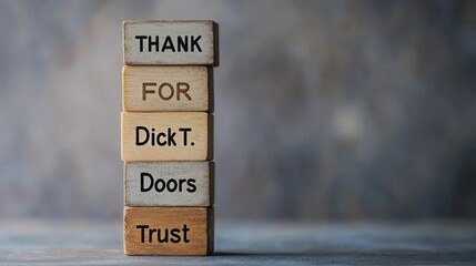 A stack of wooden blocks with words expressing gratitude and values.