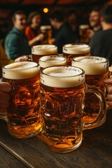 Golden Frothy Beer Mugs in Symmetrical Row on Wooden Table in Cozy Pub Setting - Social Gathering Concept