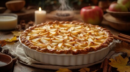 Apple pie decorated with lattice overhead shot, fall baking concept