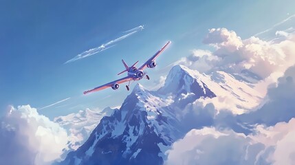 Fototapeta na wymiar Vintage Airplane Flying Over Snowy Mountain Peaks.
