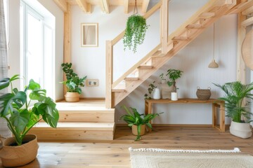 Farmhouse home interior design of modern living room with wooden staircase.