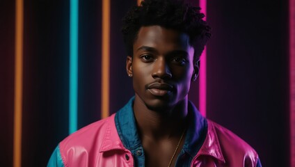 Young happy serious african man at studio. High Fashion male model in colorful bright neon lights posing on black background