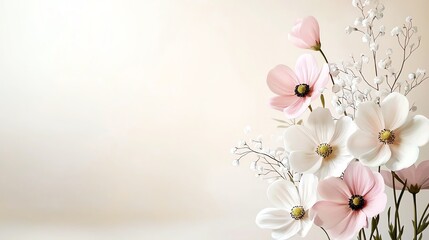 Fototapeta premium Minimalist watercolor cosmos flowers in soft pink and white, arranged on a light cream background, seamless design