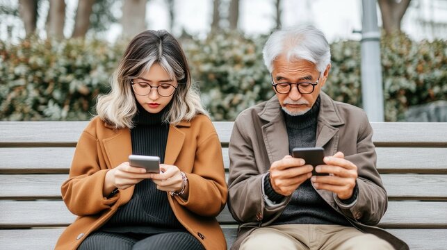 A young woman guides an elderly man in using his smartphone in a serene garden park setting
