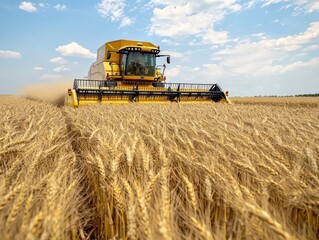 Fototapeta premium Golden Harvest Close-Up of Yellow Combine Harvester in Ripe Wheat Field under Sunny Skies - Agricultural Farming Concept