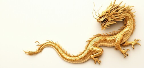 Fototapeta premium Golden Dragon Majesty - Intricately Detailed Chinese Symbol of Power and Luck in Closeup View on White Background for Designs with Mythological, Festive, or Mystical Themes