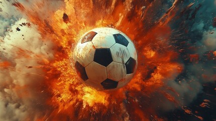 Fototapeta premium Soccer ball exploding through flames, creating a dynamic and intense action scene filled with energy and impact