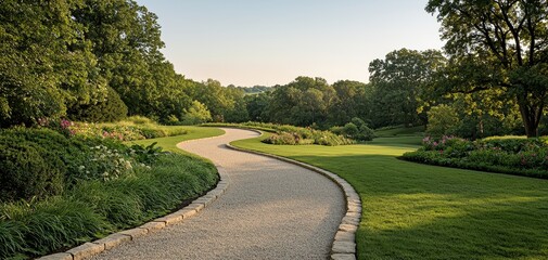Tranquil Garden Pathway Serene Amble through Lush Greenery to Forest Horizon - Peaceful Nature Walkway in Sunset Light