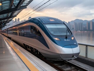 Naklejka premium Sleek High-Speed Train on Urban Platform with Cityscape Background - Modern Travel Concept