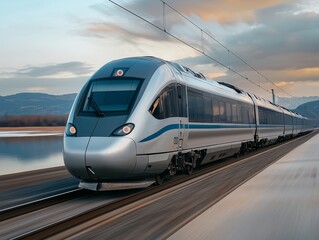 Fototapeta premium Sleek Silver High-Speed Train Racing Across Blurred Landscape - Modern Transport Concept with Speed and Efficiency - Transportation Industry Innovation