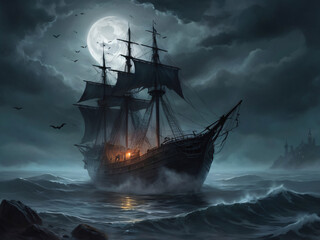 Halloween Ghostly pirate ship emerging from ocean. Horror full moon night