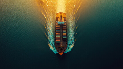 
top view photo, a long cargo ship with containers sails in sea